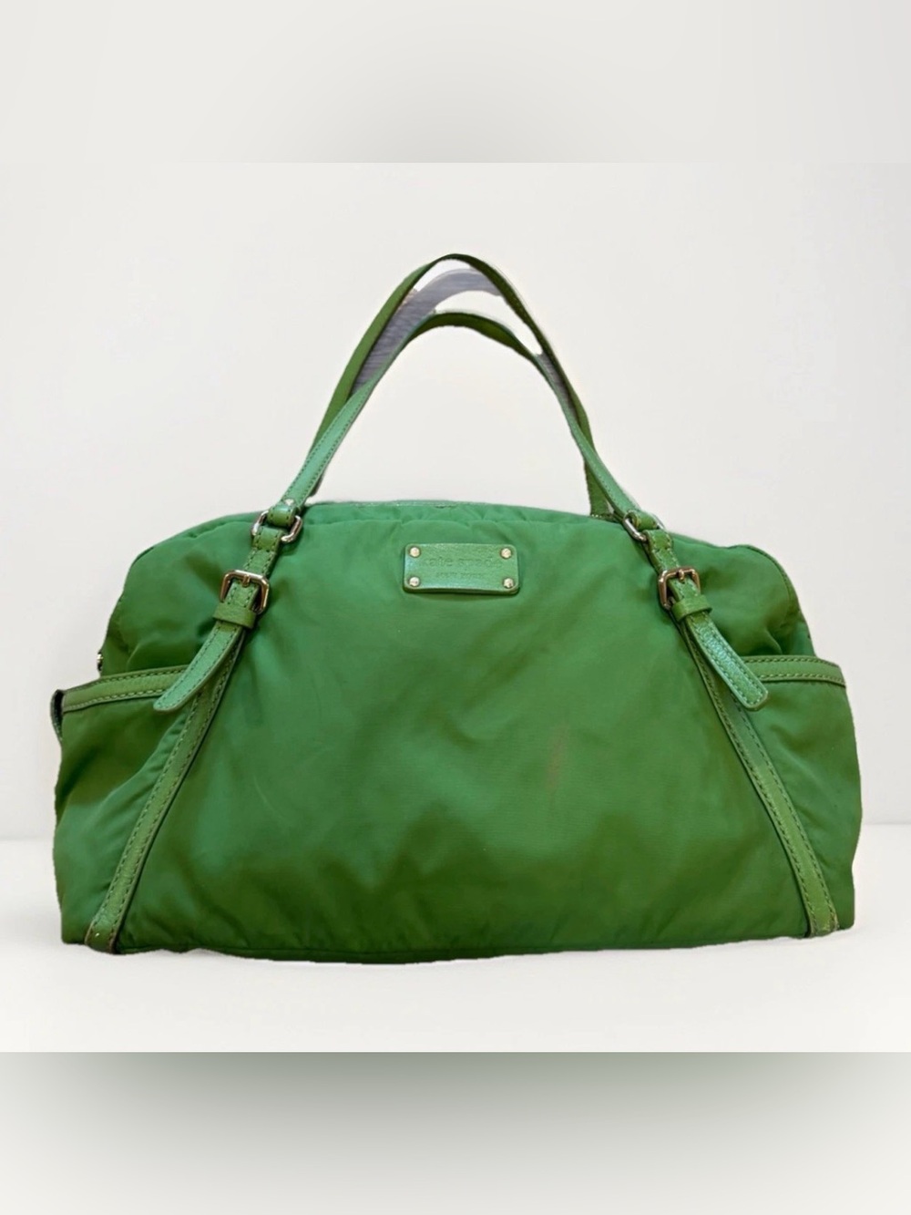 KATE SPADE PURSE KELLY GREEN Nylon Leather Satchel Shoulder Handbag Gold Accents